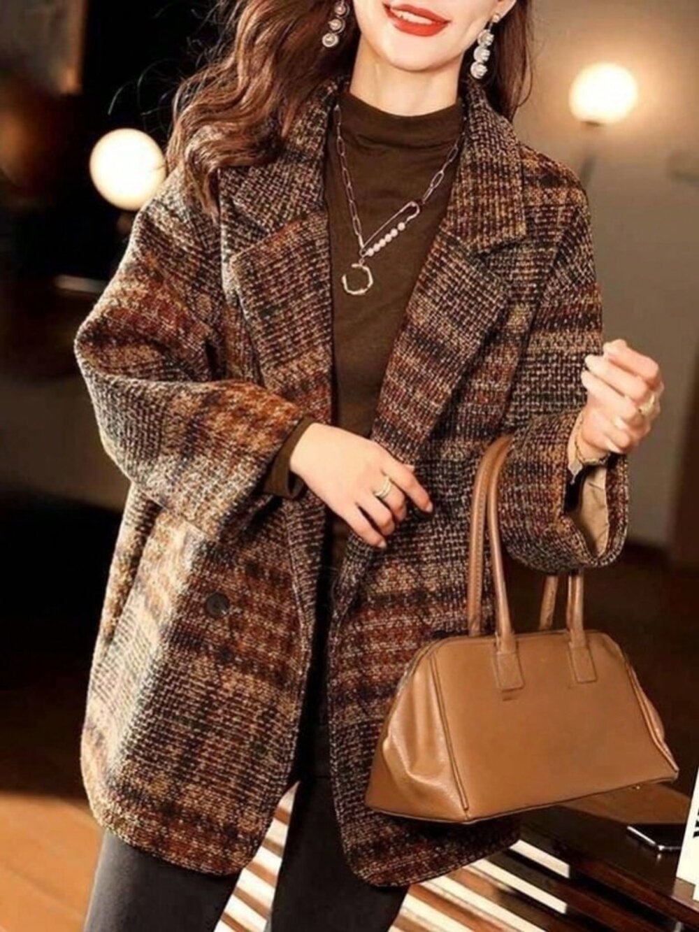 Coffee Brown Casual Women's Loose Plaid Lapel Button Long Sleeve Jacket - Picture 3 of 3